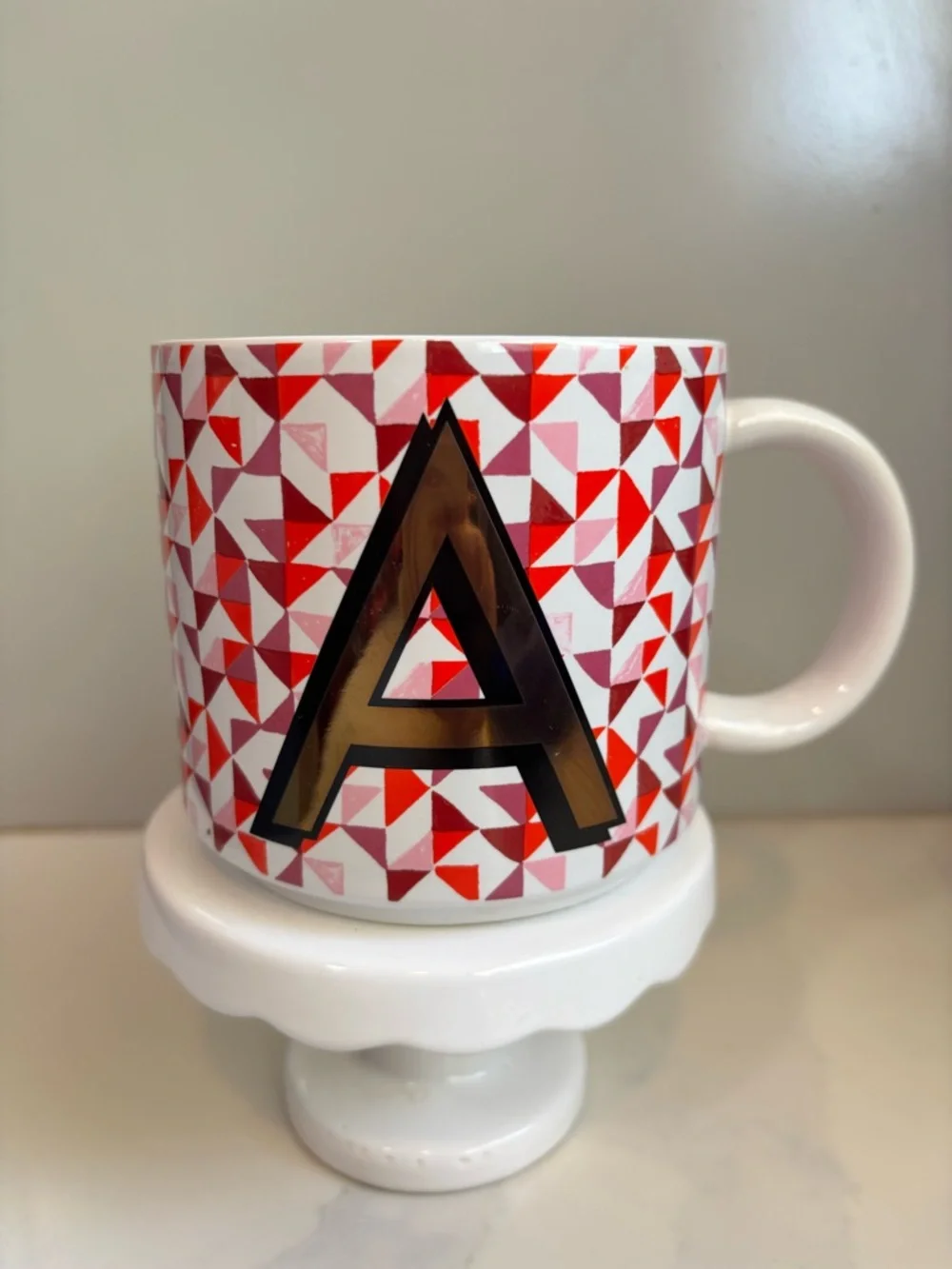 West Elm Vintage Print Monogram Mug Letter A - Geometric Red & Gold Coffee Cup